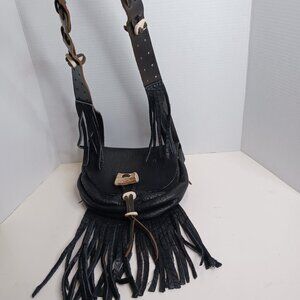 Vintage Tooled Fringed Pebble Leather Black Women's Crossbody Fringe Bag